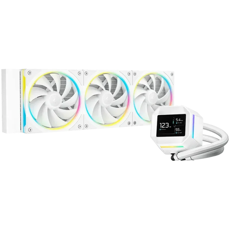 DeepCool LM360 WH, 360mm CPU Liquid Cooler, 2.4" LCD screen, 3x120mm FL12 SE ARGB PWM Fans, Fluid Dynamic Bearing, White, Intel 