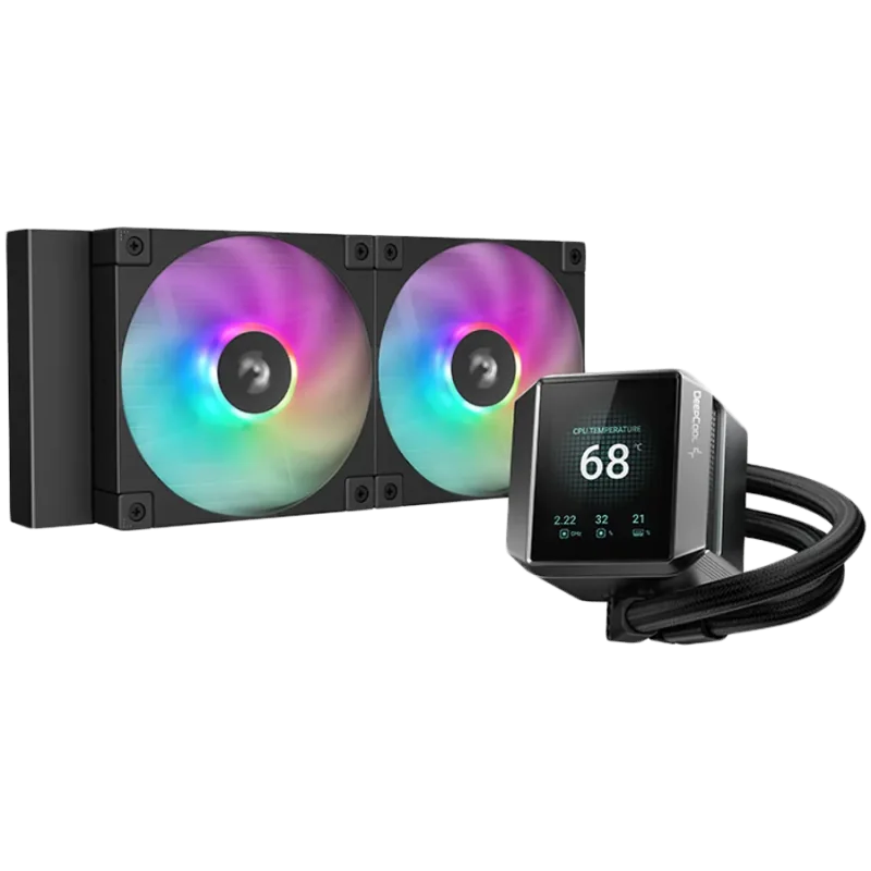 DeepCool MYSTIQUE 240 ARGB, 240mm CPU Liquid Cooler, 2.8" LCD screen, 2x120mm PWM ARGB Fans, Fluid Dynamic Bearing, Black, Intel