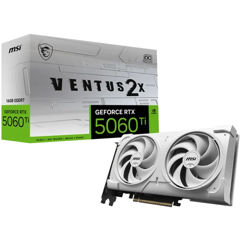 MSI Video Card NVIDIA GeForce RTX 5060 Ti 16G VENTUS 2X OC WHITE PLUS, 16GB GDDR7, 128-bit, 2602 MHz Boost, 4608 CUDA Cores, PCI