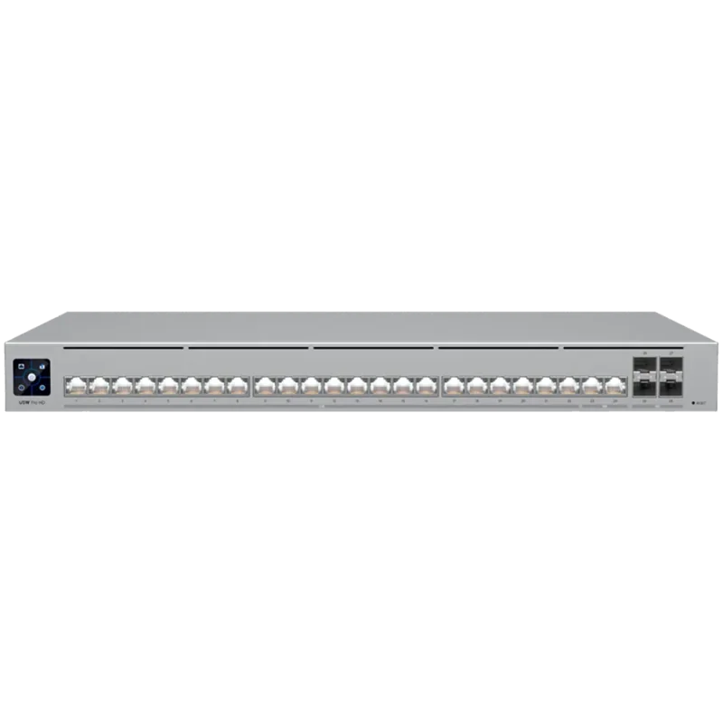 Ubiquiti Layer 3 Etherlighting switch USW-PRO-HD-24-EU, (22) 2.5 GbE, (2) 10 GbE ports, (4) 10G SFP+ ports. DC power backup read