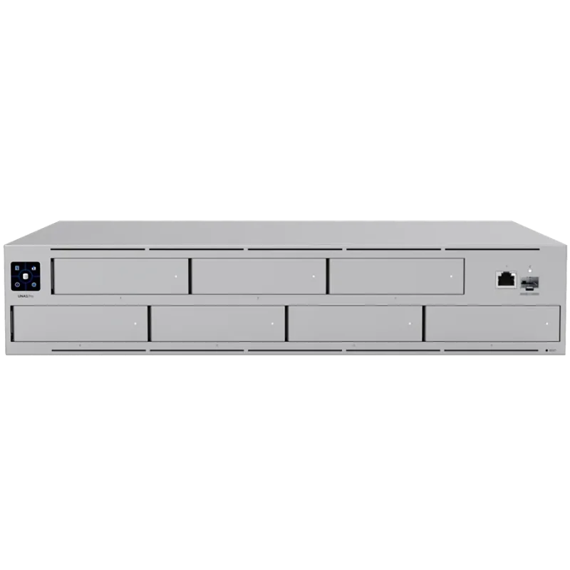 Ubiquiti UNAS-Pro-EU 2U rack-mount NAS with (7) 2.5/3.5" drive bays and 10 Gbps performance designed for large-scale file storag