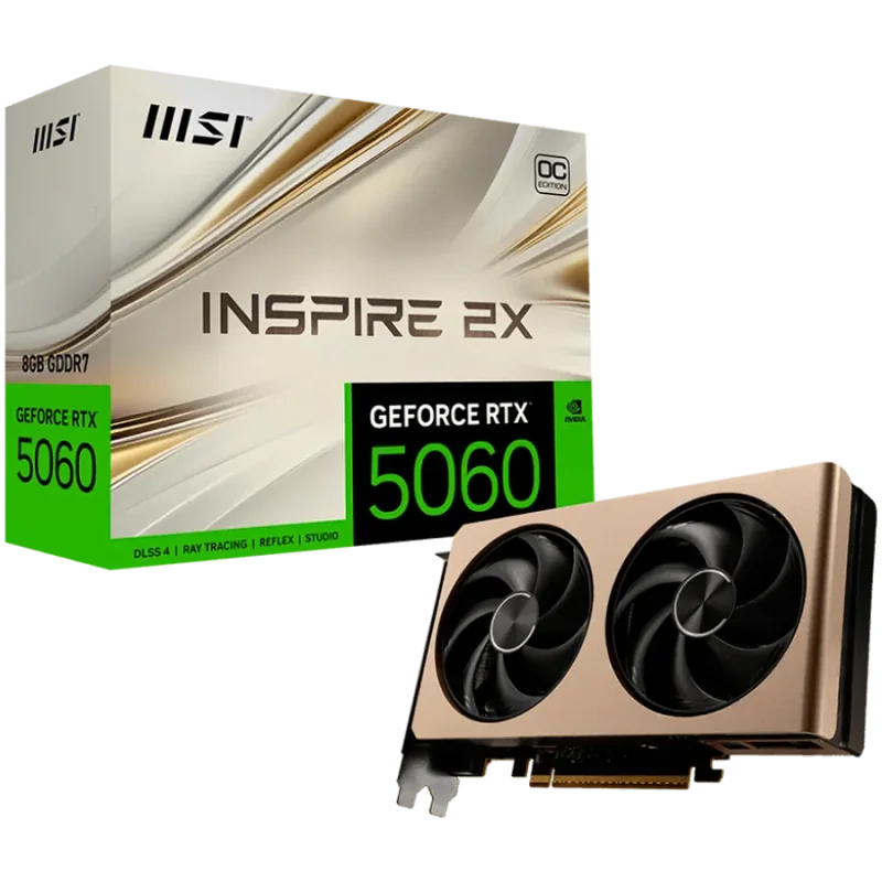 MSI Video Card NVIDIA GeForce RTX 5060 8G INSPIRE 2X OC, 8GB GDDR7, 128-bit, 2535 MHz Boost, 3840 CUDA Cores, PCIe 5.0 (x8), 3x 