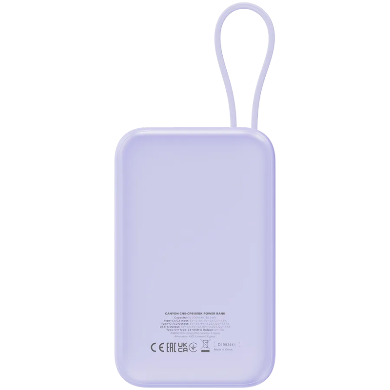 CANYON power bank OnPower 101 built-in cable 10000 mAh PD22.5W Purple - 1