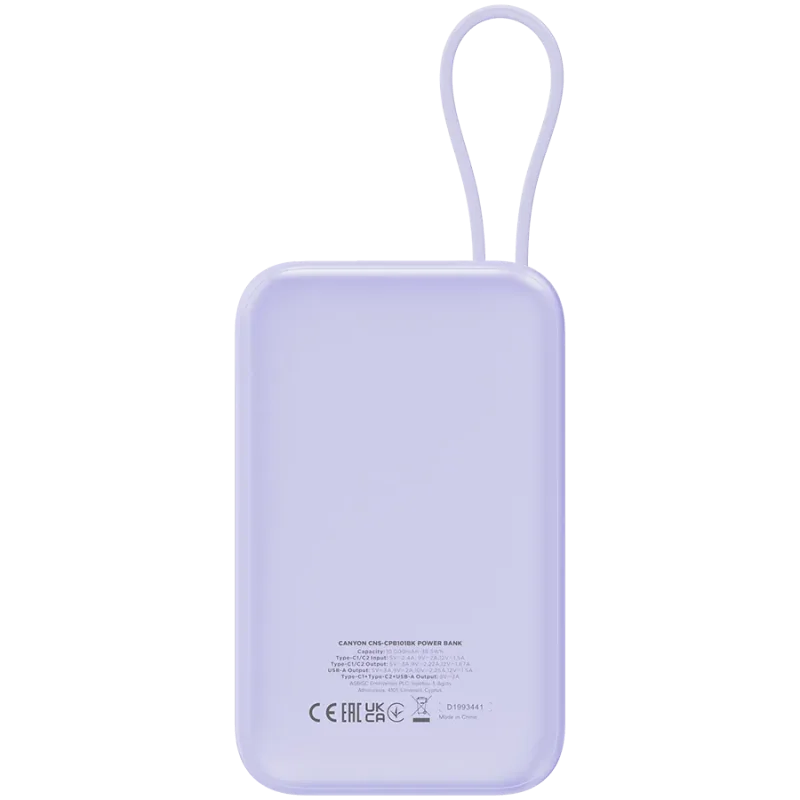 CANYON power bank OnPower 101 built-in cable 10000 mAh PD22.5W Purple - 1