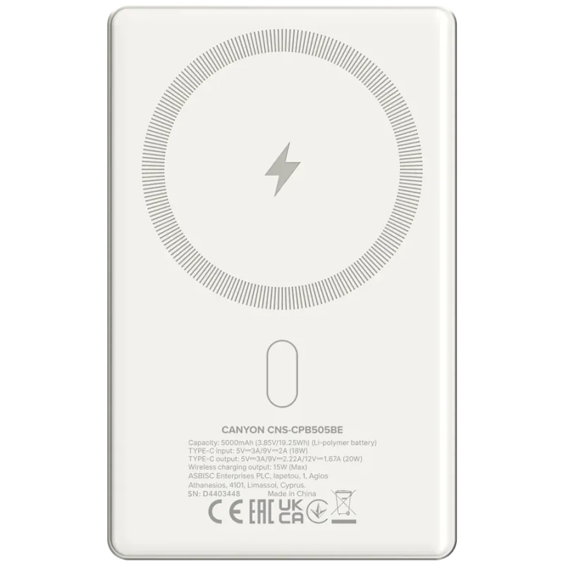 CANYON power bank OnPower 505 slim Magnetic 5000 mAh PD20W Beige - 1