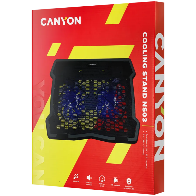 CANYON NS03, Cooling stand dual-fan with 2x2.0 USB hub, support up to 10”-15.6” laptop, ABS plastic and iron, Fans dimension:125