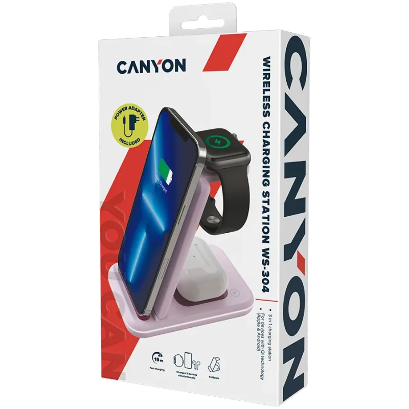 CANYON wireless charger WS-304 15W 3in1 Iced Pink - 1
