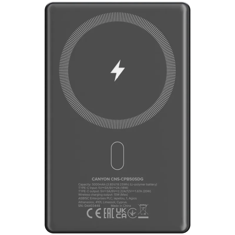CANYON power bank OnPower 505 slim Magnetic 5000 mAh PD20W Dark Grey - 1
