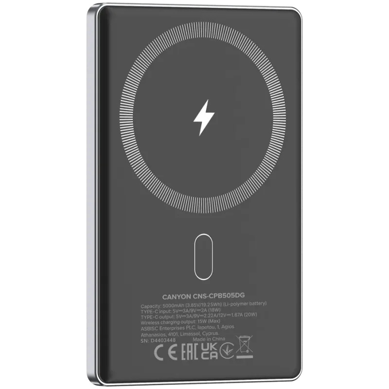 CANYON power bank OnPower 505 slim Magnetic 5000 mAh PD20W Dark Grey - 1