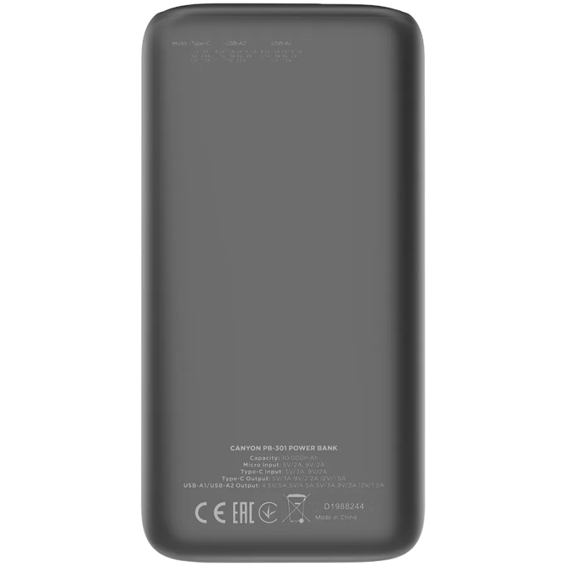 CANYON power bank PB-301 LED 30000 mAh PD 20W QC 3.0 Black - 1
