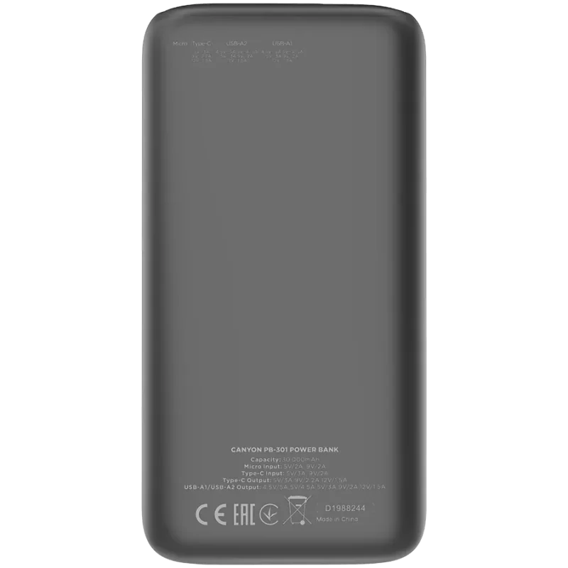 CANYON power bank PB-301 LED 30000 mAh PD 20W QC 3.0 Black - 1