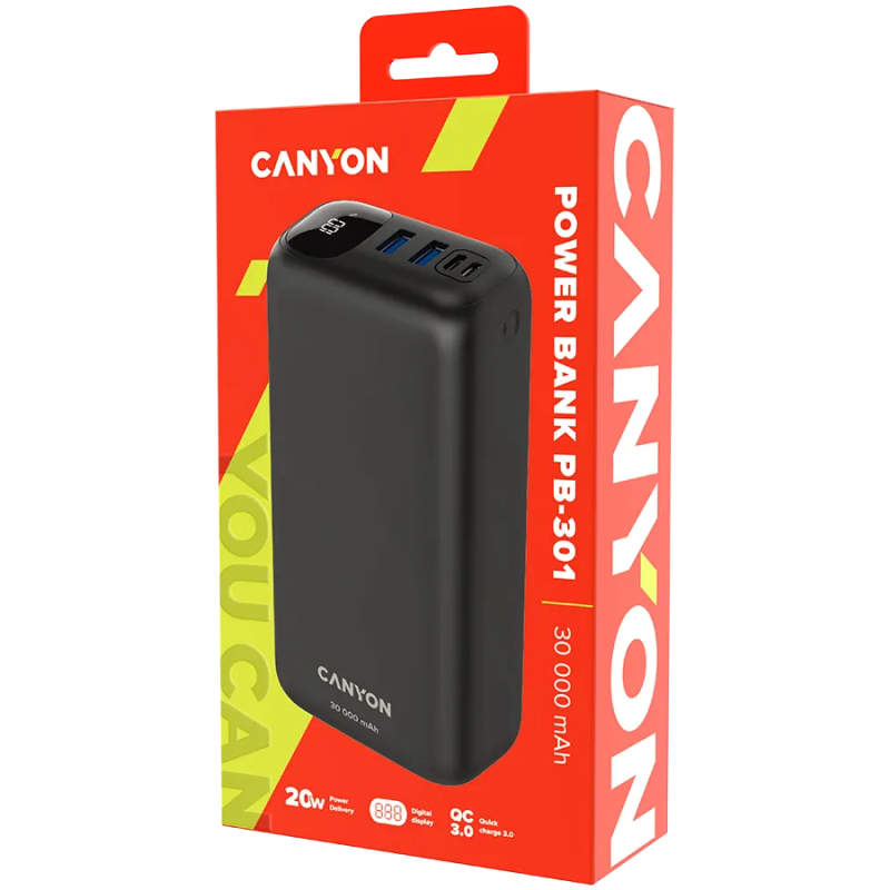 CANYON power bank PB-301 LED 30000 mAh PD 20W QC 3.0 Black - 1