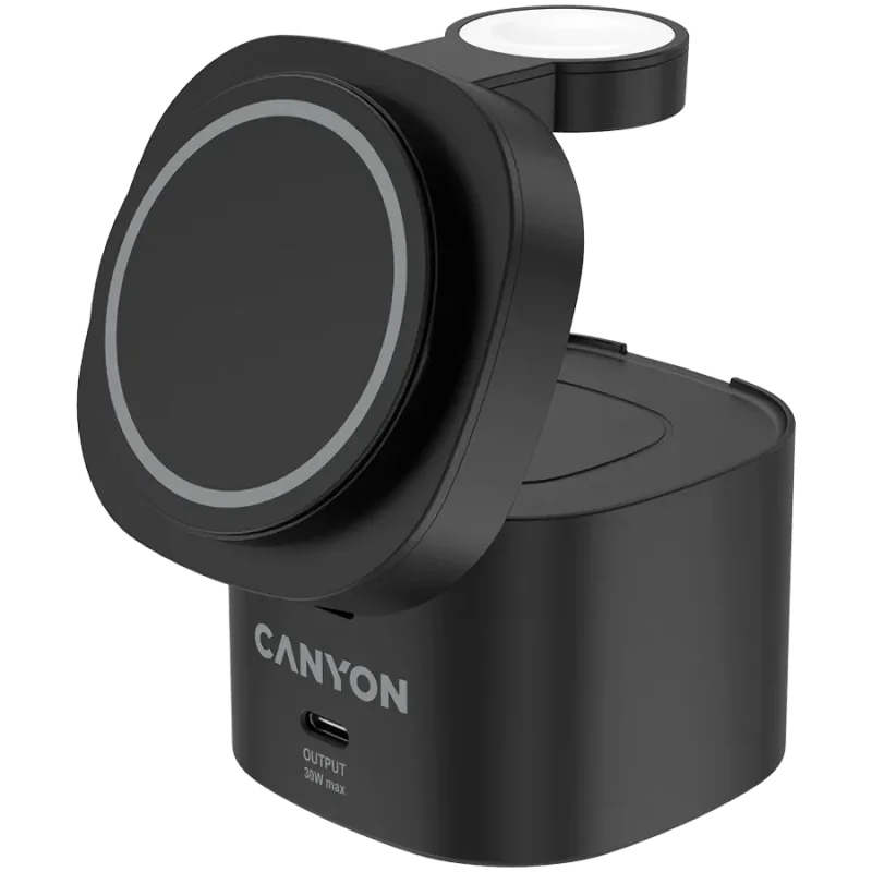 Canyon 4 in 1 Wireless Charging Stand, 30W max, Size: 70x70x70.3mm, weight: 414g, with 65W charger and 1M cable, black - 1
