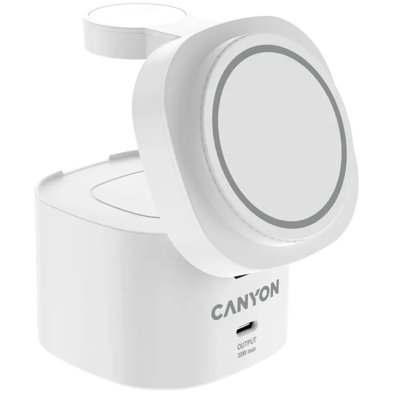 Canyon 4 in 1 Wireless Charging Stand, 30W max, Size: 70x70x70.3mm, weight: 414g, with 65W charger and 1M cable, white - 1