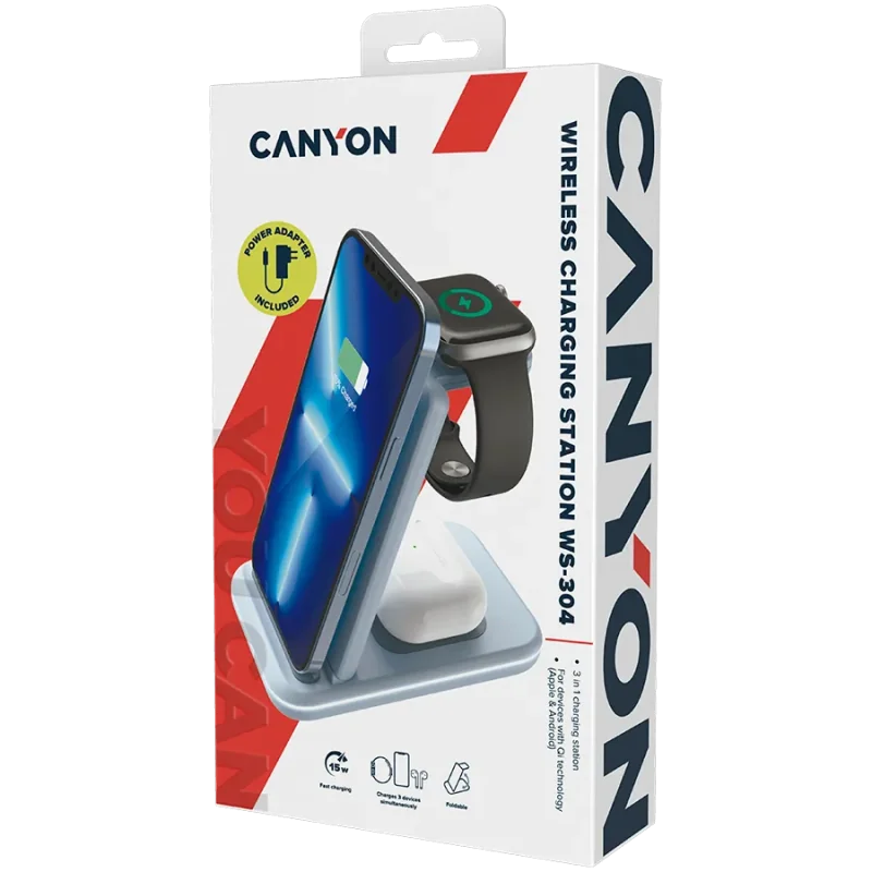 CANYON wireless charger WS-304 15W 3in1 Blue - 1