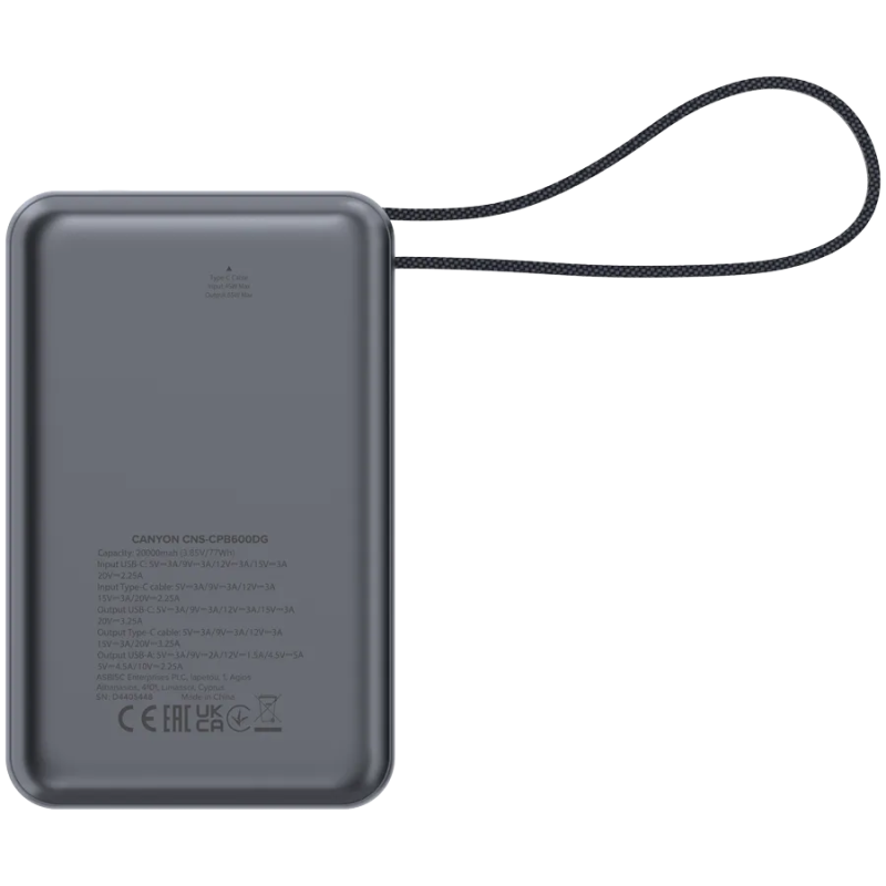 CANYON power bank OnPower 600 built-in cable 20000 mAh PD65W Dark Grey - 1