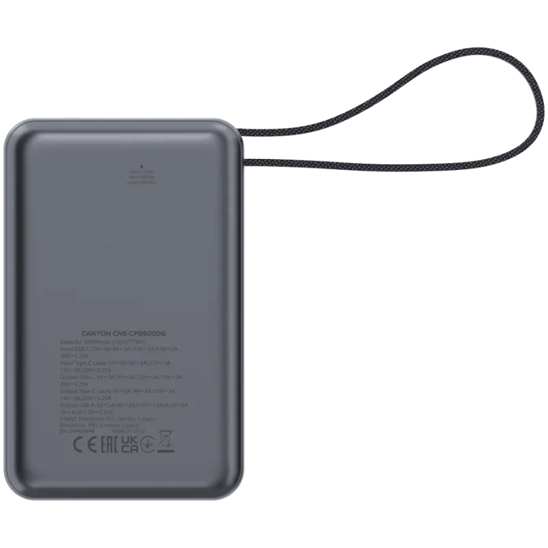 CANYON power bank OnPower 600 built-in cable 20000 mAh PD65W Dark Grey - 1
