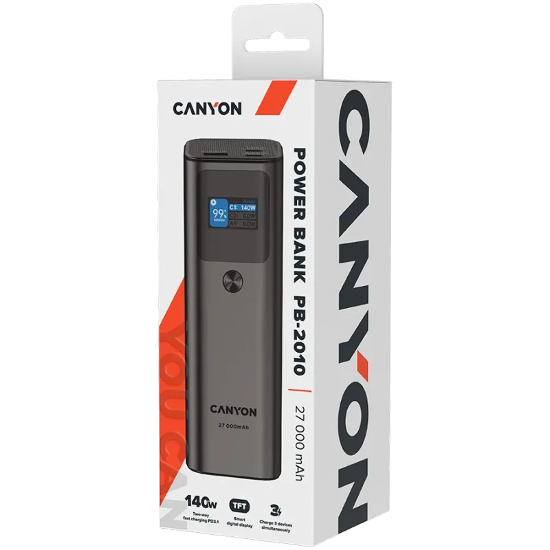 CANYON power bank PB-2010 TFT 27000 mAh 97.2Wh PD140W QC 3.0 Dark Grey - 1