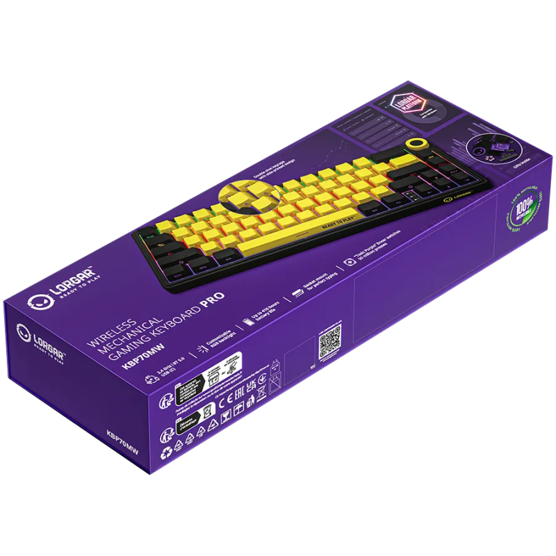 LORGAR KBP70MW, Wireless 65% Mechanical Gaming Keyboard Pro, Black/yellow, EN layout - 1