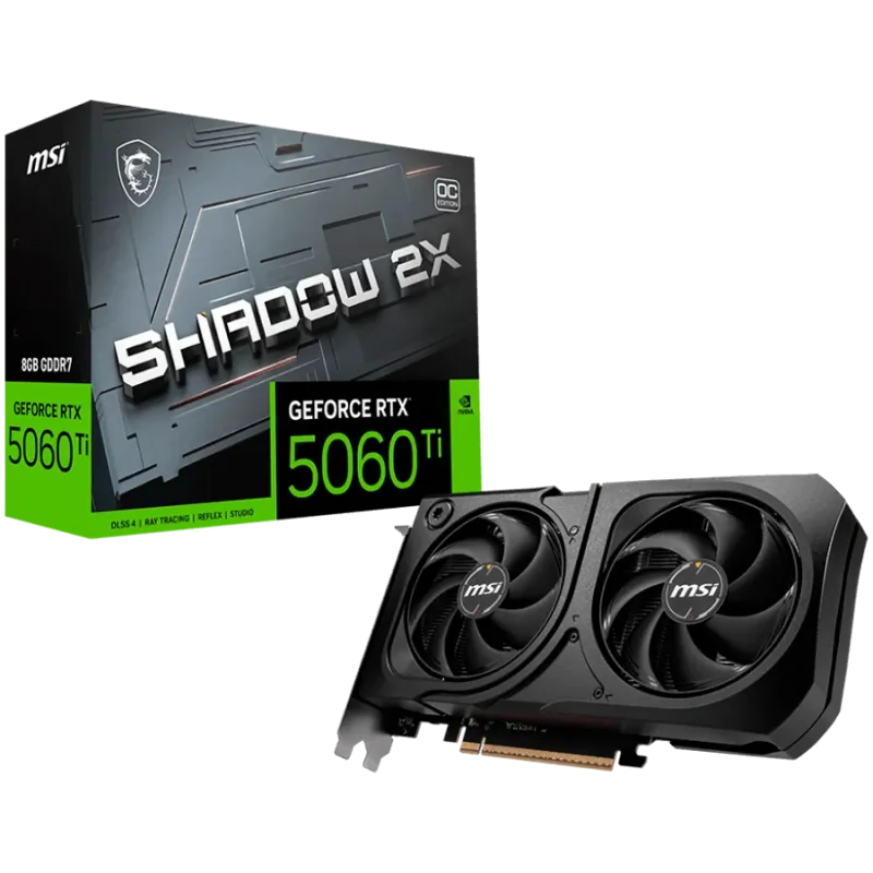MSI Video Card NVIDIA GeForce RTX 5060 Ti 8G SHADOW 2X OC PLUS, 8GB GDDR7, 128-bit, 2617 MHz Boost, 4608 CUDA Cores, PCIe 5.0 (x