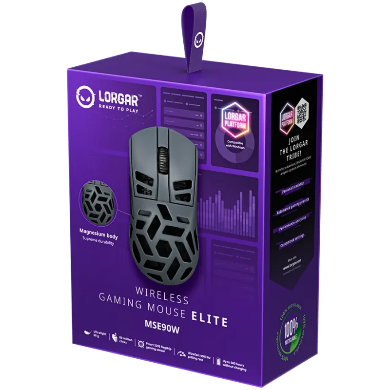 LORGAR MSE90W, Magnesium Alloy Wireless Gaming Mouse Elite, Dark Grey - 1