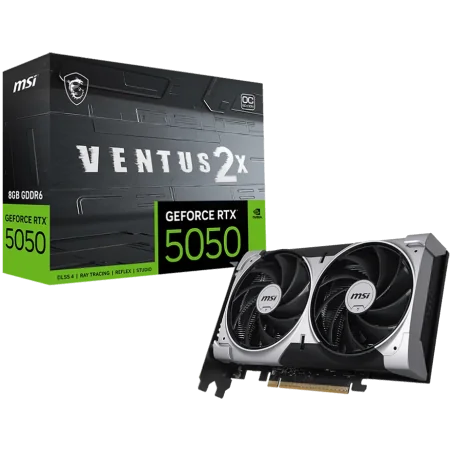 MSI Video Card NVIDIA GeForce RTX 5050 8G VENTUS 2X OC, 8GB GDDR6, 128-bit, 2602 MHz Boost, 2560 CUDA Cores, PCIe 5.0 (x8), 3x D