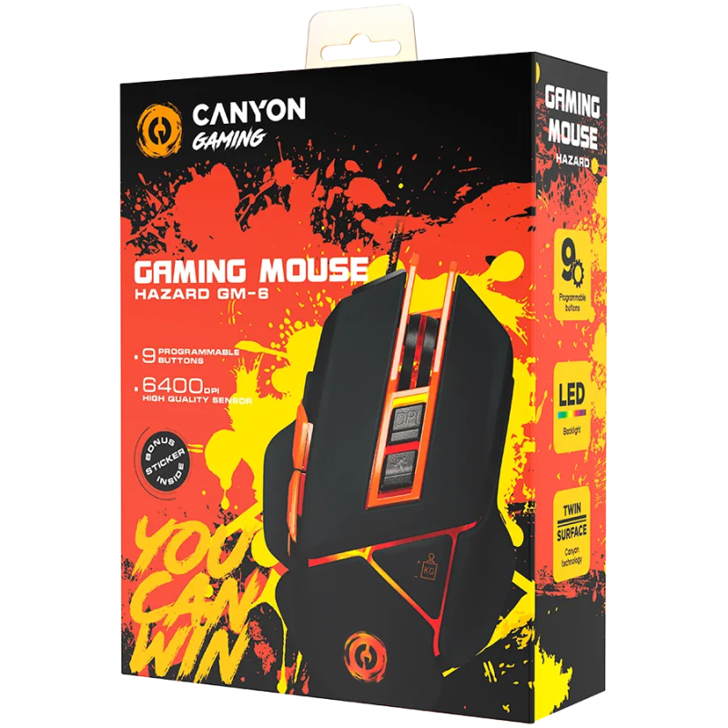 CANYON Optical gaming mouse, adjustable DPI setting 800/1000/1200/1600/2400/3200/4800/6400, LED backlight, moveable weight slot 
