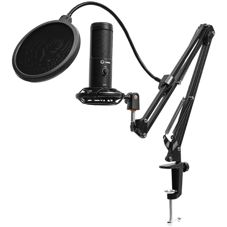 LORGAR Voicer 931, Gaming Microphone, Black, USB condenser microphone with boom arm stand, pop filter, tripod stand. including 1