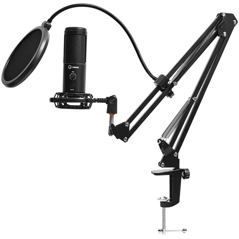 LORGAR Voicer 931, Gaming Microphone, Black, USB condenser microphone with boom arm stand, pop filter, tripod stand. including 1