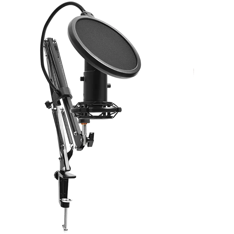 LORGAR Voicer 931, Gaming Microphone, Black, USB condenser microphone with boom arm stand, pop filter, tripod stand. including 1