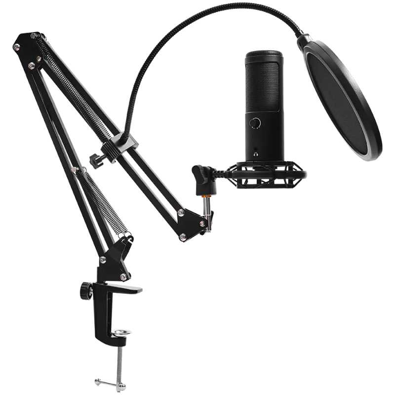 LORGAR Voicer 931, Gaming Microphone, Black, USB condenser microphone with boom arm stand, pop filter, tripod stand. including 1