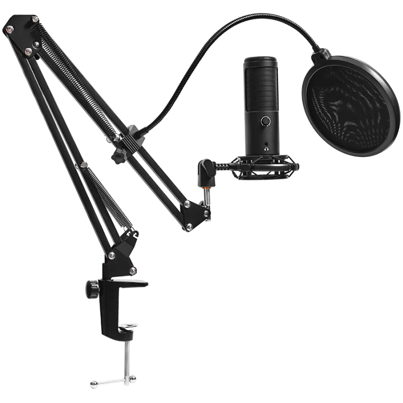 LORGAR Voicer 931, Gaming Microphone, Black, USB condenser microphone with boom arm stand, pop filter, tripod stand. including 1