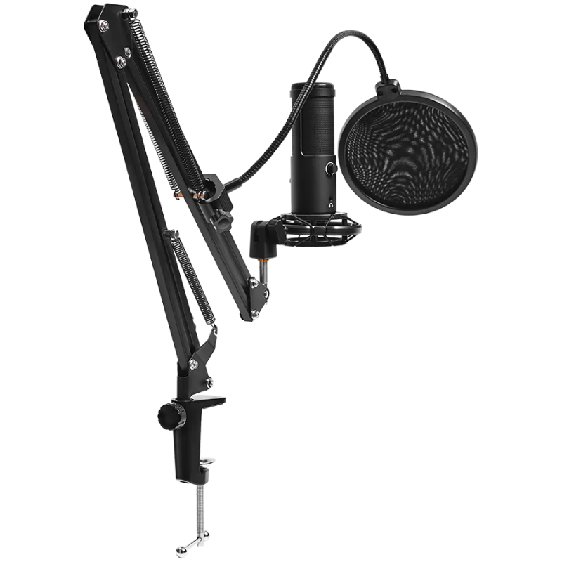 LORGAR Voicer 931, Gaming Microphone, Black, USB condenser microphone with boom arm stand, pop filter, tripod stand. including 1