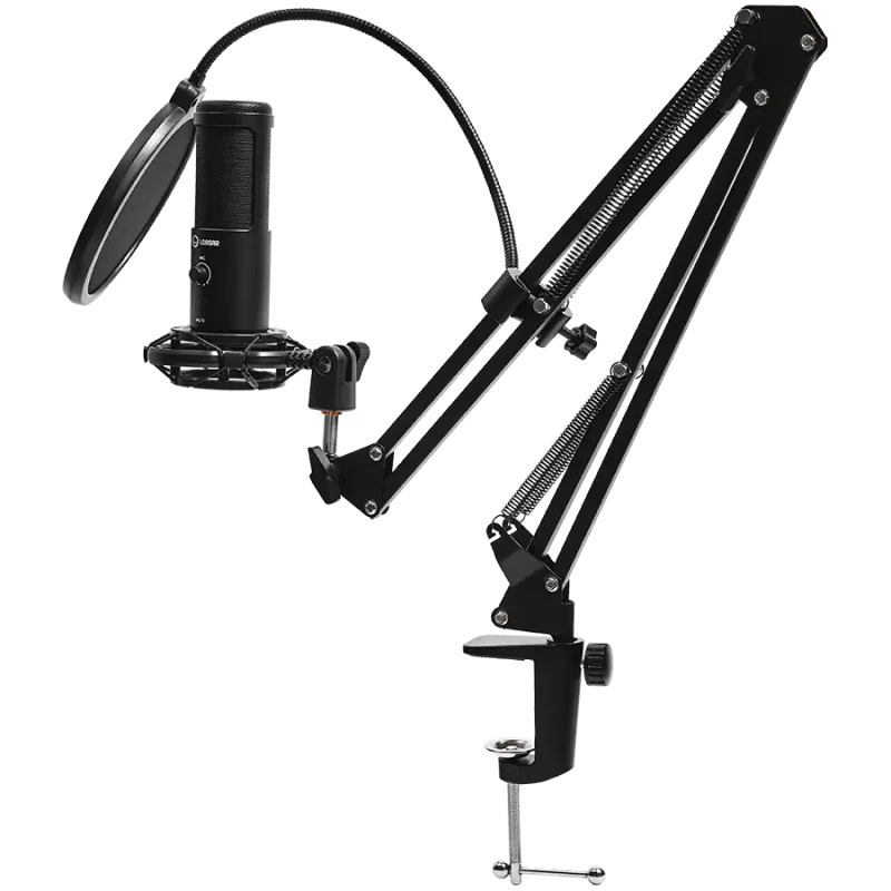LORGAR Voicer 931, Gaming Microphone, Black, USB condenser microphone with boom arm stand, pop filter, tripod stand. including 1