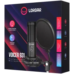LORGAR Voicer 931, Gaming Microphone, Black, USB condenser microphone with boom arm stand, pop filter, tripod stand. including 1